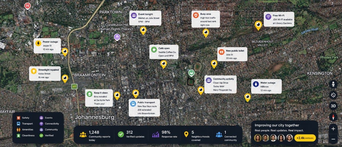 Live community reports mapped across Braamfontein and Johannesburg